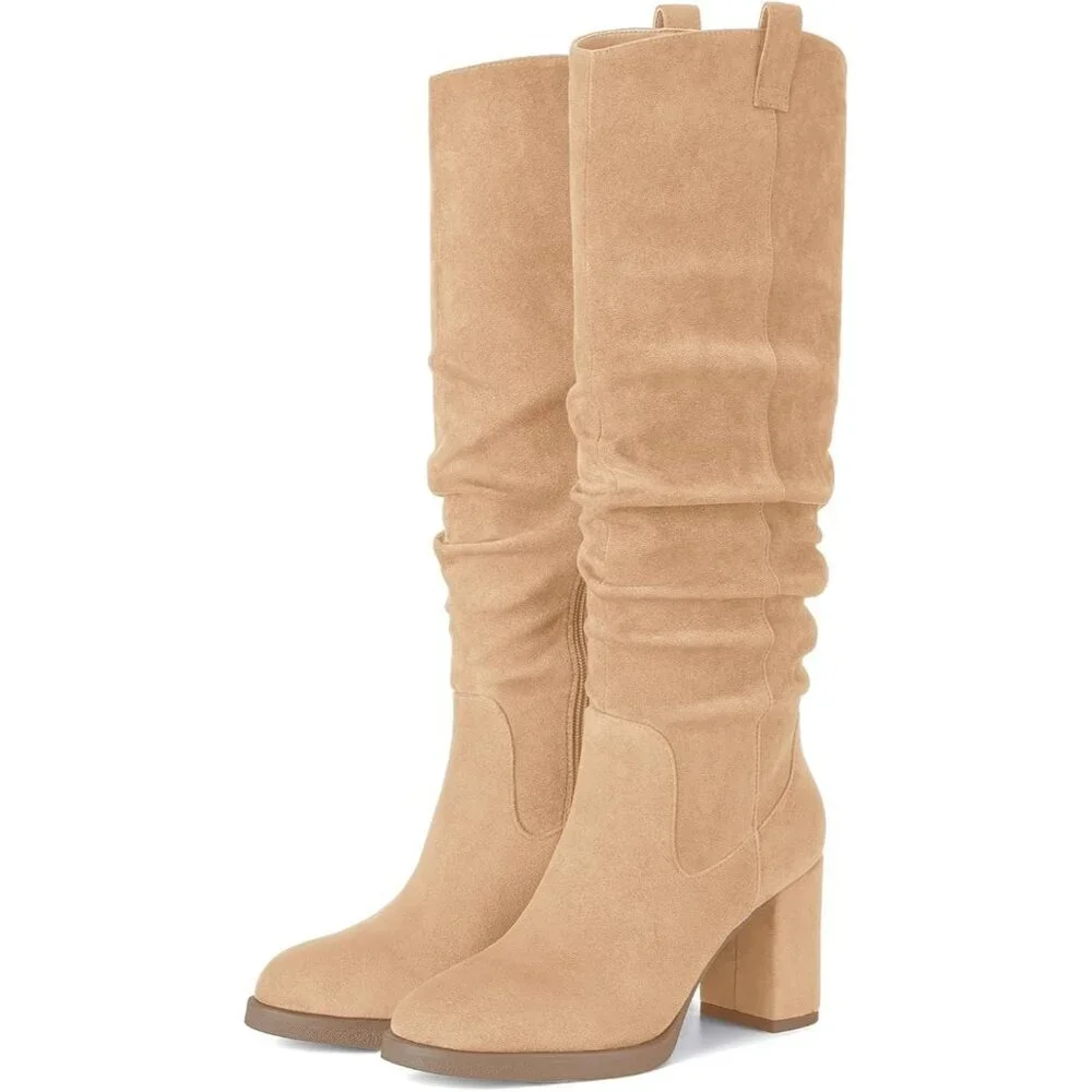 Women's Tan Tall Chunky High Heel Side Zipper Knee High Boots With Party